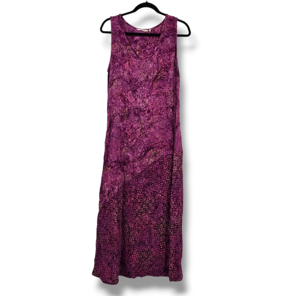 Soft Surroundings Purple Batik Paisley Sleeveless Maxi Dress Large V-Neck Boho